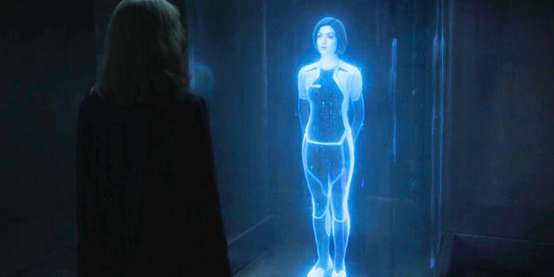 Dr. Halsey (Natascha McElhone) speaks to Cortana (Jen Taylor and Christina Bennington) in Halo season 2