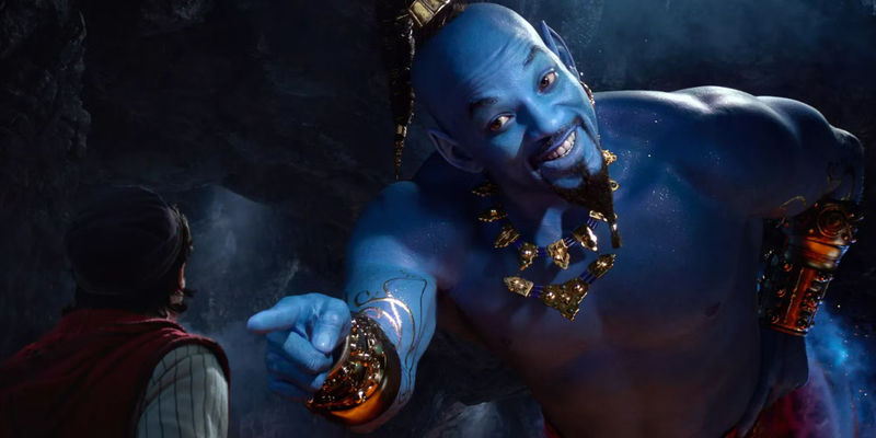 Will Smith as Genie pointing at Aladdin in Aladdin