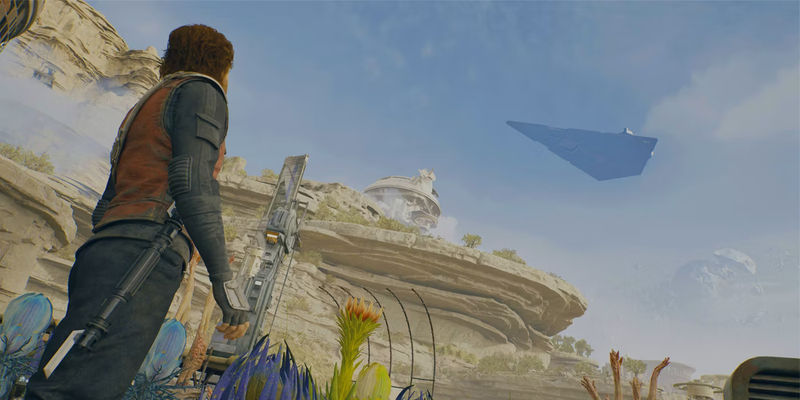 Cal stands on the rooftop garden of the Pyloon's Saloon looking up at an Imperial Star Destroyer over Koboh in Jedi: Survivor