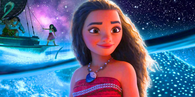 Moana featuring Moana smiling and Moana and Maui navigating the ocean under the stars