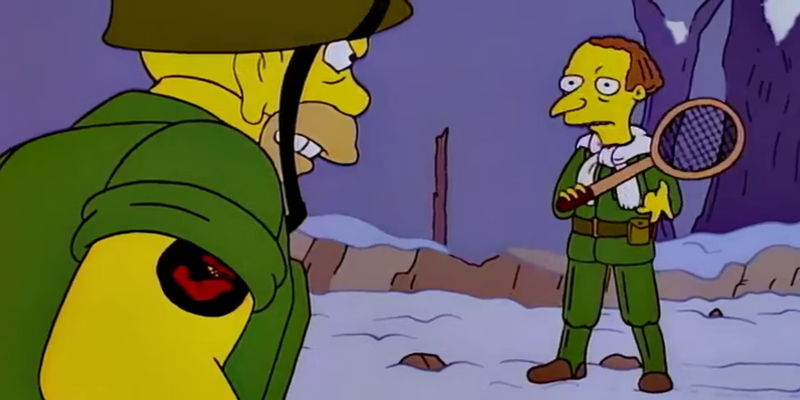 Grampa Simpson glares at Mr. Burns in World War II in The Simpsons - The Enduring Conflict: Mr. Burns vs. Abe Simpson