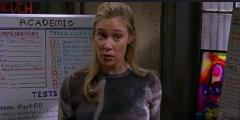 Paris standing in front of her whiteboard on Gilmore Girls