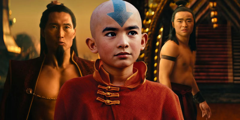 Ozai and Zuko preparing for an Agni Kai either side of Aang from Netflix's The Last Airbender - Gordon Cormier Played Aang Perfectly