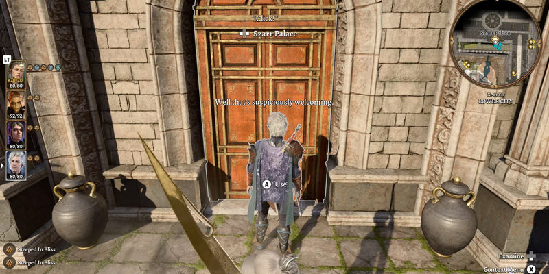 The front door of the palace opens for Astarion. - Continue past the upper tower and the ramparts to finally reach the front Szarr Palace door