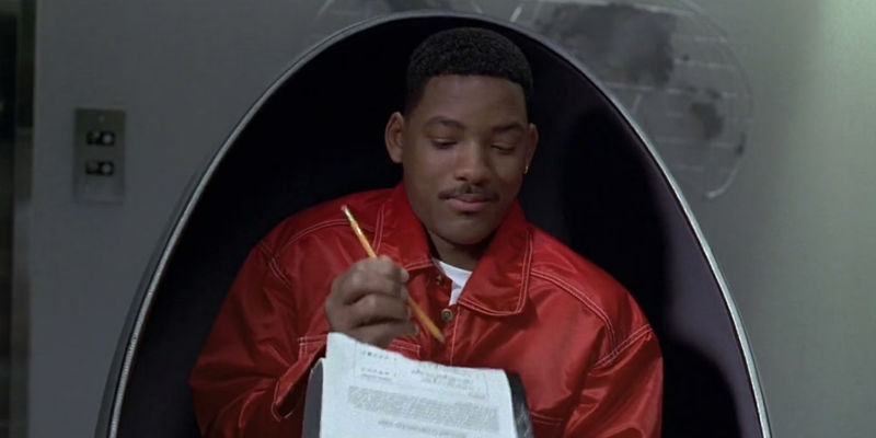 Jay breaking his pencil while taking a test in Men In Black - Director: Barry Sonnenfeld