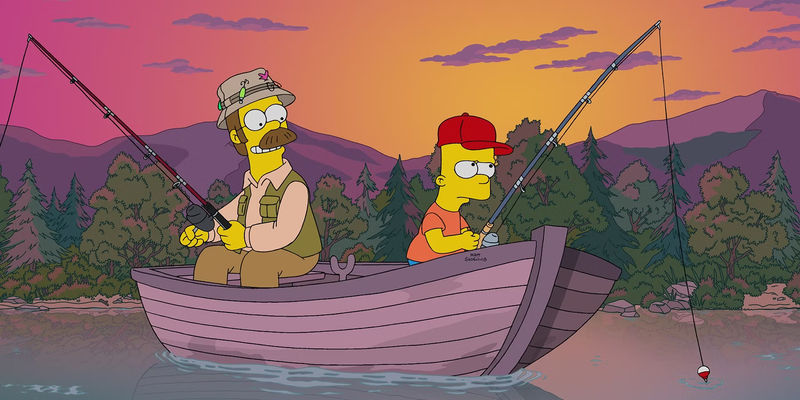 Ned and Bart fishing in a boat in The Simpsons Movie