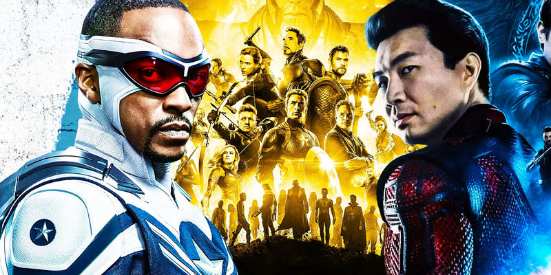 Sam Wilson as Captain America in an MCU poster, a golden Avengers: Endgame poster, and Shang-Chi in a poster from his MCU movie
