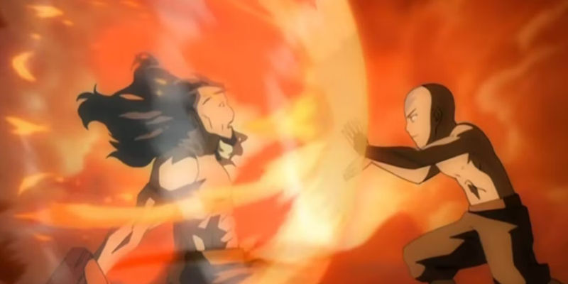 Phoenix King Ozai's fire bending meets Aang's air bending in ATLA finale battle