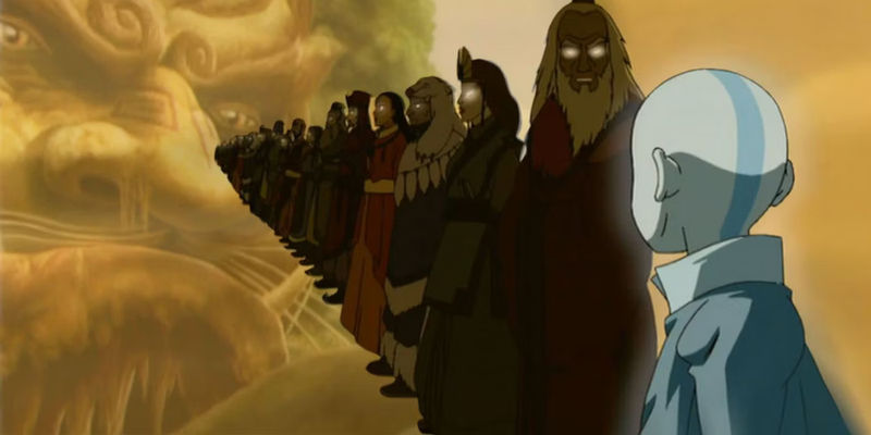 Lion Turtle collaged with Aang and the other Avatars in ATLA