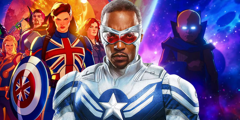 Sam Wilson as Captain America between The Watcher in the MCU and the poster for What If...? season 2