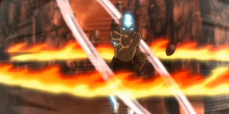 Aang fighting in the Avatar state with a ring of fire around him in Avatar: The Last Airbender.