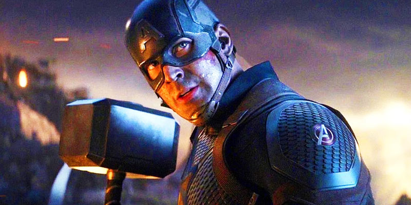 Captain America wielding Mjolnir in Avengers Endgame