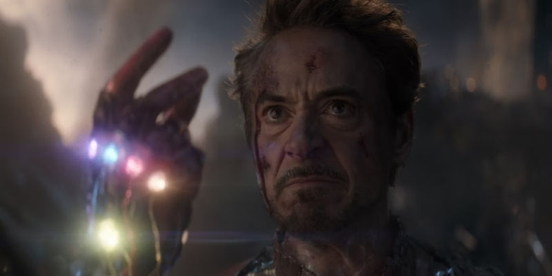 Robert Downey Jr. as Iron Man about to use the Infinity Gauntlet in Avengers: Endgame (2019)