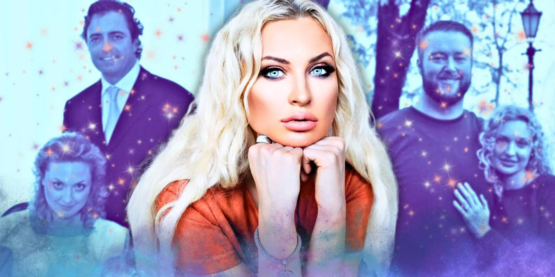 Natalie Mordovtseva from 90 Day Fiancé with straight blonde hair wearing red dress and resting her chin on her hands with photos of her with her ex husbands Zenon and Mike in the background