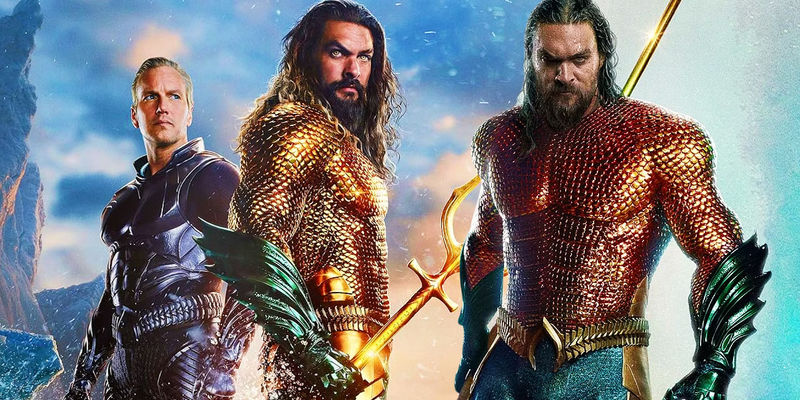 The poster for Aquaman and the Lost Kingdom next to Arthur holding his trident in Aquaman 2018