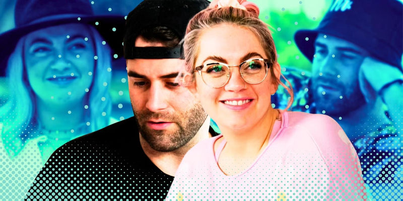 Becca and Austin from MArried at First Sight season 17 montage and blue background