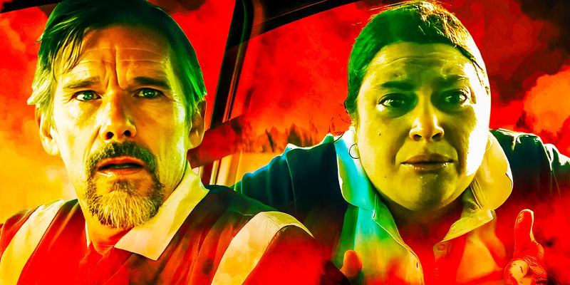 Ethan Hawke as Clay and Vanessa Aspillaga as the Spanish Lady, Salvadora, in Leave the World Behind