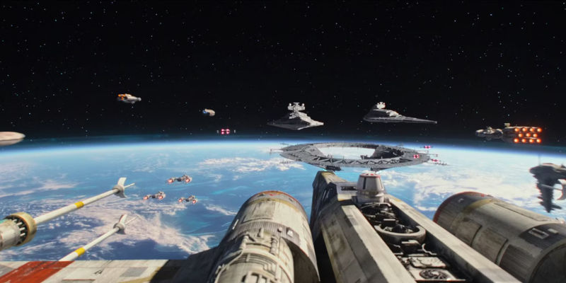 Rebels attacking Imperial fleet over Scarif in Rogue One A Star Wars Story