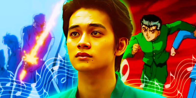 Takumi Kitamura as Yusuke Urameshi in front of scenes from Yu Yu Hakusho's opening credits