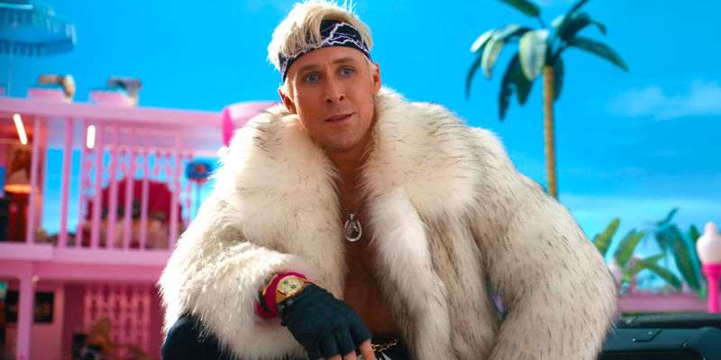 Ryan Gosling as Ken in his fur coat in Barbie