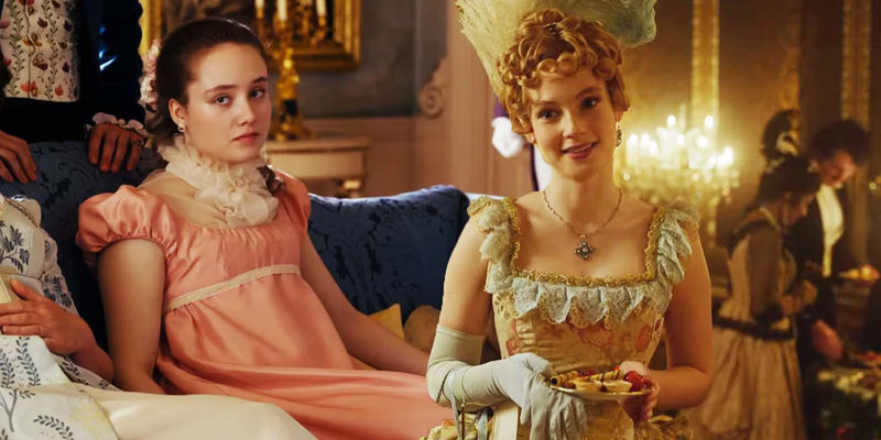 Ruby Stokes as Francesca Bridgerton in Bridgerton season 2 and Hannah Dodd as Cicely in Enola Holmes 2