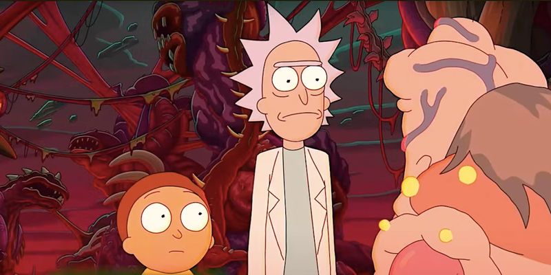 Rick and Morty look unimpressed by a monster in Rick and Morty season 7 finale-1