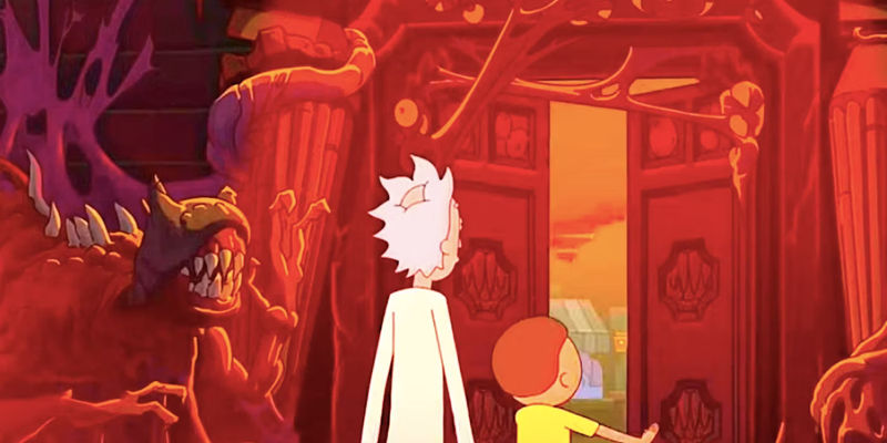Rick and Morty walk out of a spooky looking door with their backs to the viewer in Rick and Morty season 7 finale