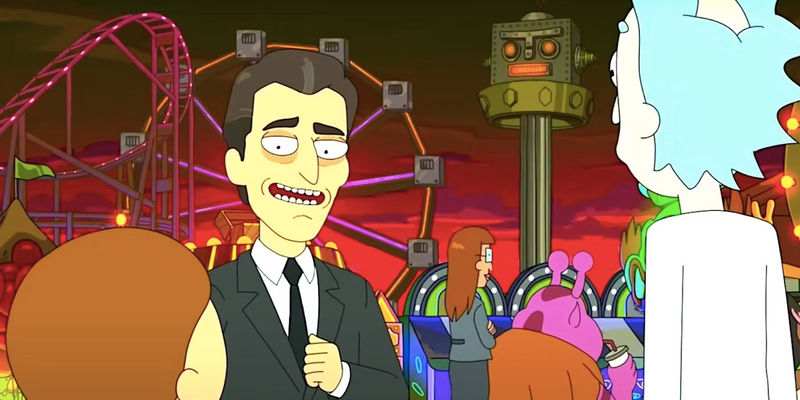 The Carnival Guy smiles uneasily at Rick and Morty at a carnival in Rick and Morty season 7 finale-1