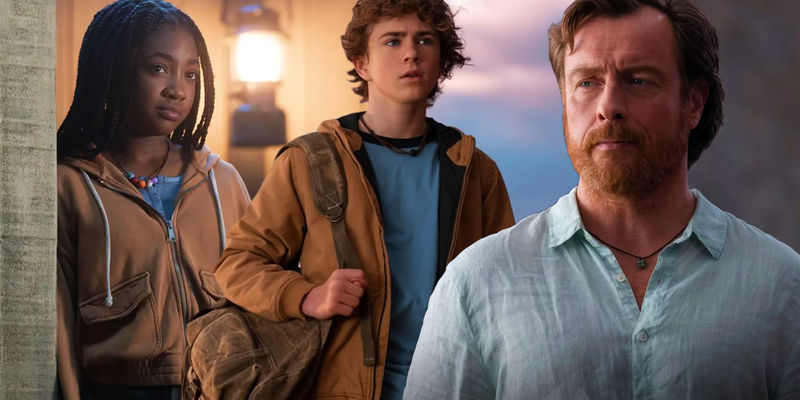 Percy Jackson next to his father Poseidon and Annbeth Chase from the Percy Jackson TV show