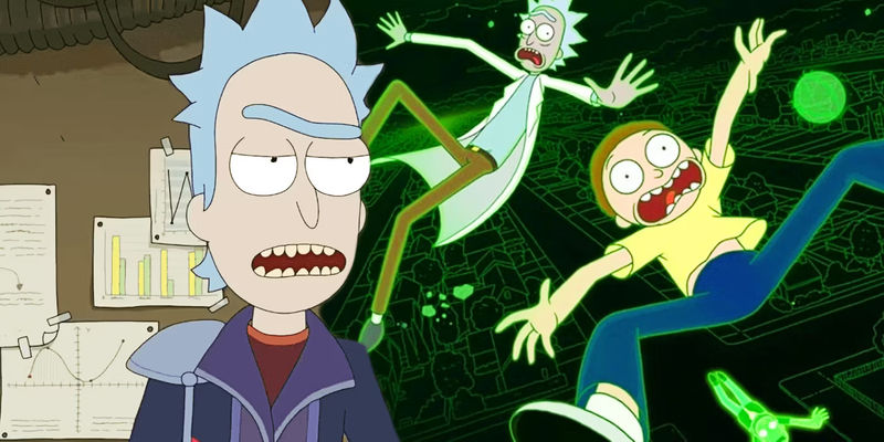 Rick Prime looking unimpressed next to Rick and Morty falling through dimensions