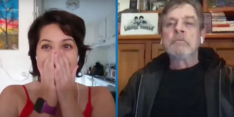 Split image of nurse Chloe Ducose and Mark Hamill on Jimmy Kimmel Live