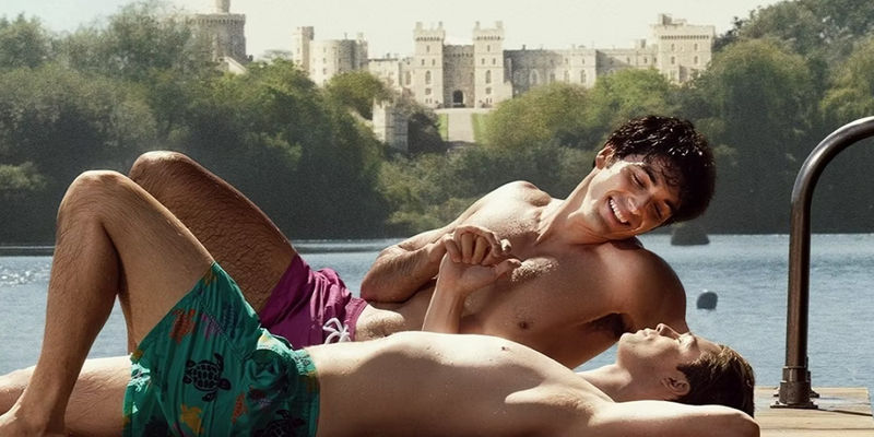 Alex and Prince Henry cuddle by the pool in Red White and Royal Blue.