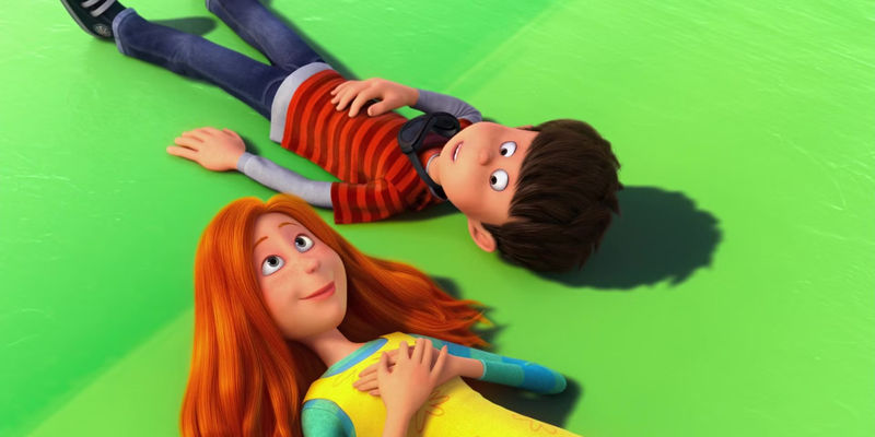 Ted (Zac Efron) & Audrey (Taylor Swift) laying on the ground next to each other in The Lorax.