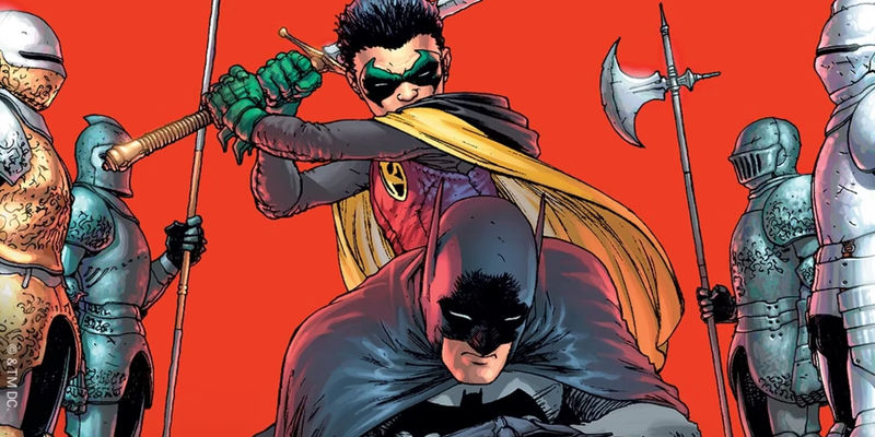 Batman crouching with Damian Wayne (Robin) holding a sword and swining it behind him