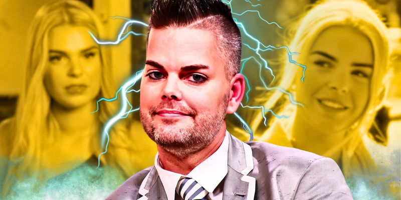 Tim Malcolm surrounded by electric sparks and smiling and Kirsten Schoemaker behind him with yellow filter