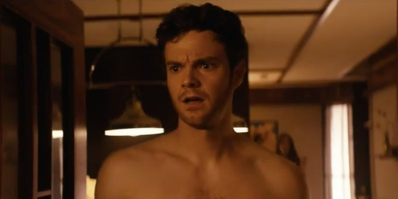 Jack Quaid as Hughie naked at Herogasm and looking surprised in The Boys