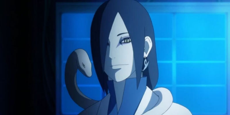 Orochimaru stands with a snake over his shoulder in Boruto