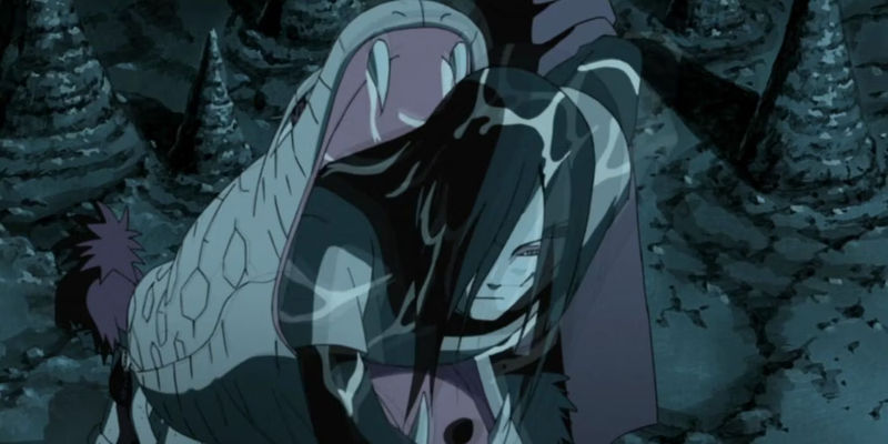 Orochimaru emerging from a snake's mouth in Nartuo Shippuden