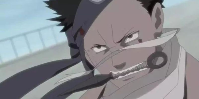 A wounded Zabuza holds a kunai in between his teeth while fighting an off-screen opponent in Naruto