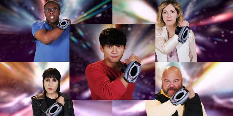 The five main Rangers morphing during Power Rangers HyperForce web series
