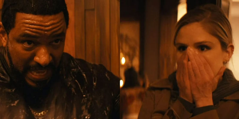 Split image of Laz Alonso as Mother's Milk looking disgusted and covered in gunk, and Erin Moriarty as Starlight surprised with her hands covering her mouth in The Boys' Herogasm episode