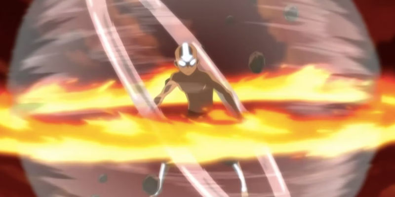 Aang in an air cloud with a ring of fire around him and glowin geyes in Avatar The Last Airbender