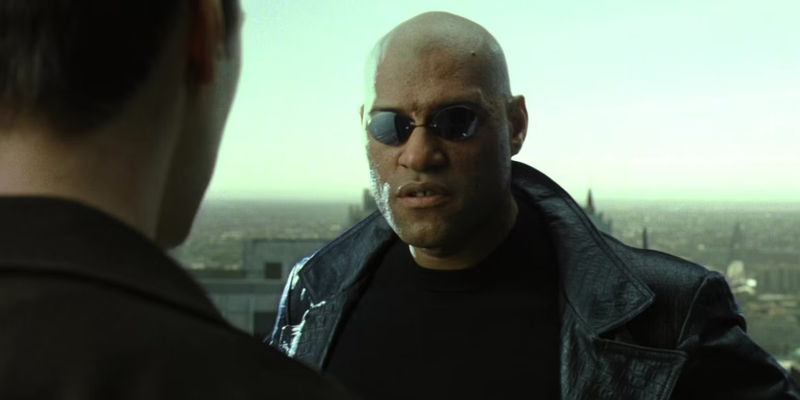 Laurence Fishburne as Morpheus talking to Neo in The Matrix