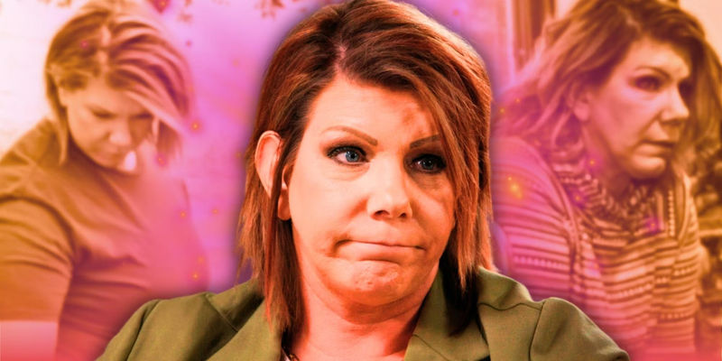 Meri Brown from Sister Wives wearing olive green shirt sporting a grumpy expression with photos of her from the reality TV show in faded background