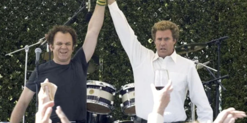 Will Ferrell as Brennan Huff and John C Riley as Dale Doback celebrate in Step Brothers