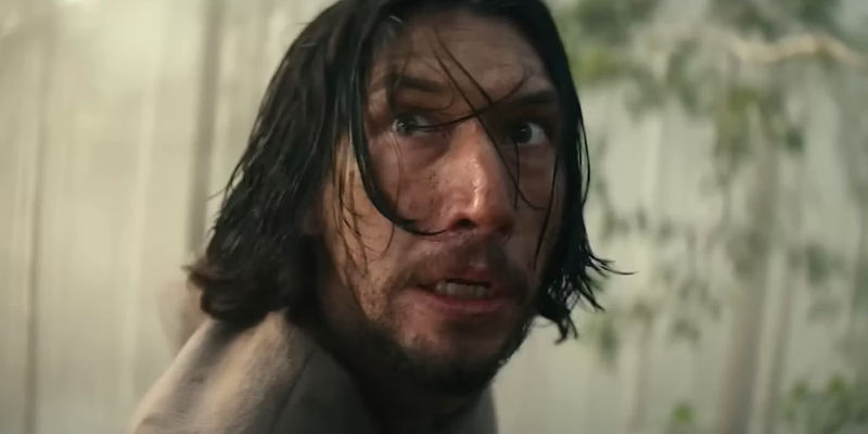 Adam Driver in 65 in a misty forest all soaking wet looking terrified