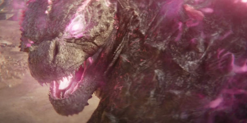 Godzilla prepares his pink atomic breath in Godzilla x Kong: The New Empire