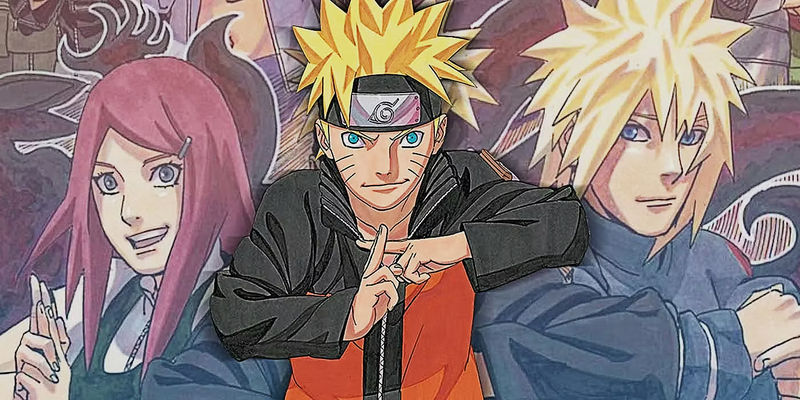 Image shows Naruto from Shippuden doing hand signs while a faded image of his mother and father are scene behind him, also doing handsigns.