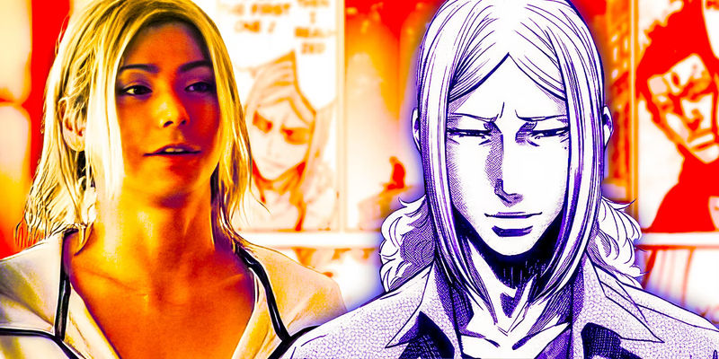 Chishiya in Netflix's Alice in Borderland in front of panels from the Alice in Borderland manga