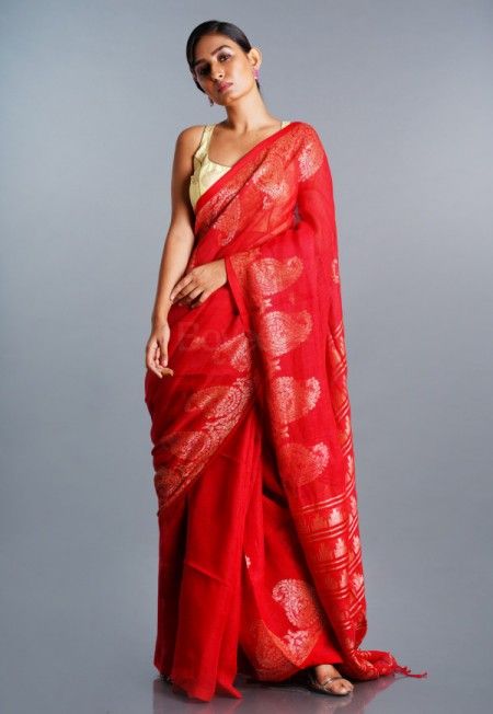 buy red linen saree online, buy linen saree, desig